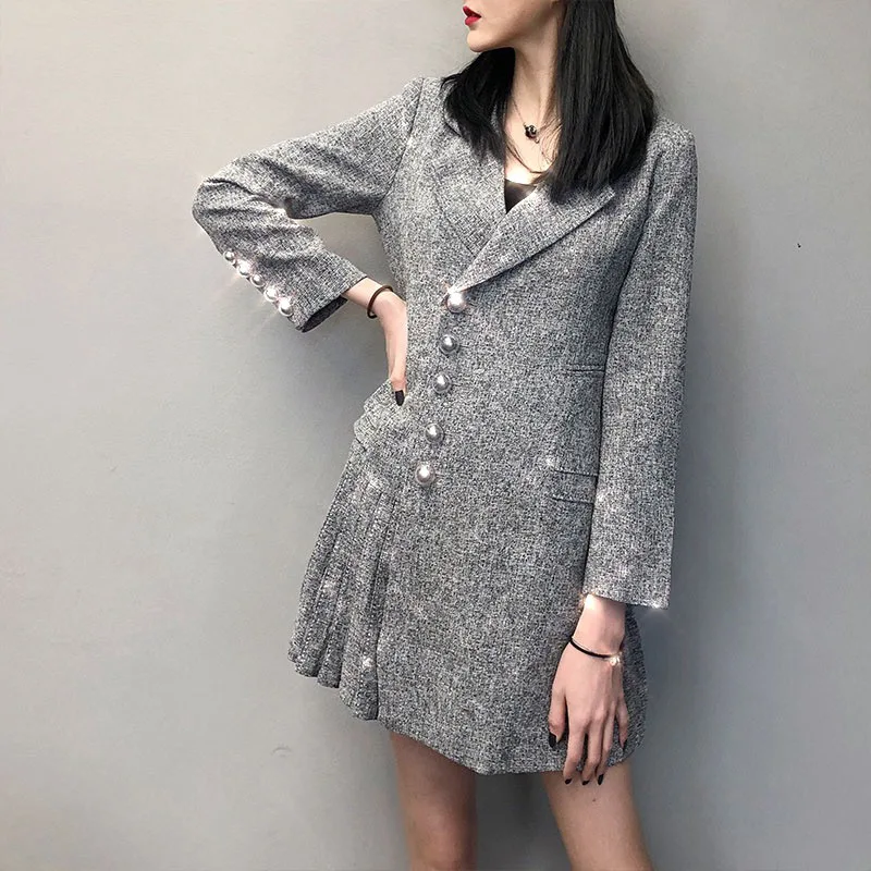 

LANMREM Solid Color Long Sleeve Single Breasted Ladies Office Blazer Dress Simple Fashion 2019 Autumn New Pleated Dresses TV214