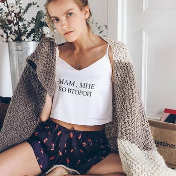 

Suphis Russian Letter Print Summer Pajamas Shorts V Neck Sleeveless Sleepwear Satin Women Two Piece Set Home Wear Pyjama Femme