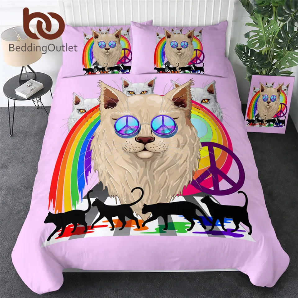 Beddingoutlet猫布団カバーレインボーピンク寝具セット平和と愛ベッドカバー3個ペット動物カラフルな布団カバーの女王 寝具セット Aliexpress