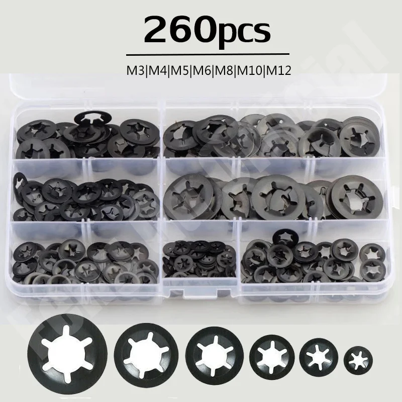 260Pcs M3 M4 M5 M6 M8 M10 M12 Push Onล็อคเครื่องซักผ้าStar Nutโลหะความ
