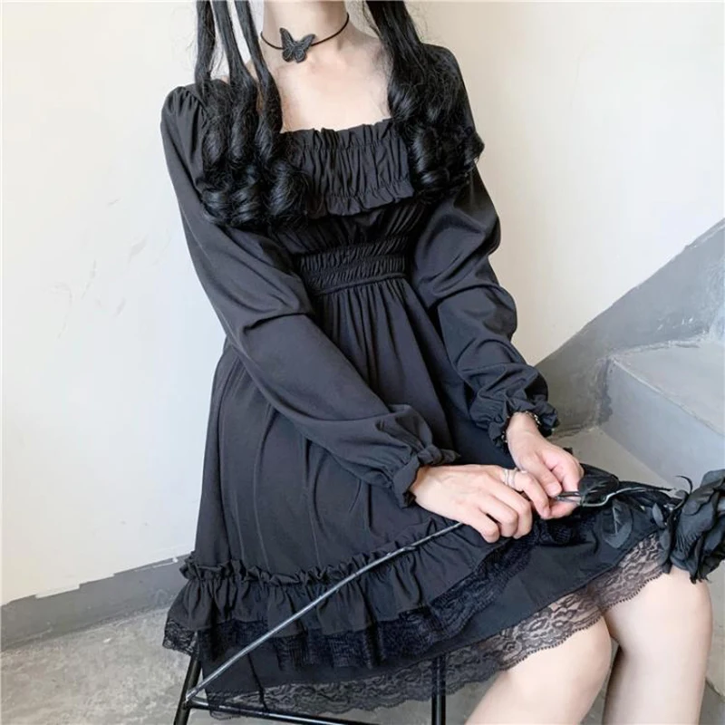 Zoki Elegant Princess Mini Dress Autumn Lolita High Waist Sexy Black Lace Plus Size Dress Gothic Puff Sleeve Party Vestidos plus size dresses