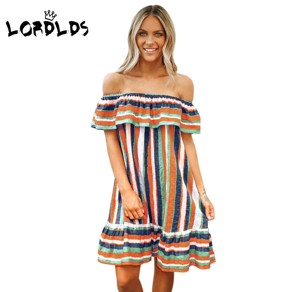 

LORDLDS Women Dress Summer 2019 Multicolor Stripes Ruffles Off The Shoulder Ladies Strapless Above Knee Dresses