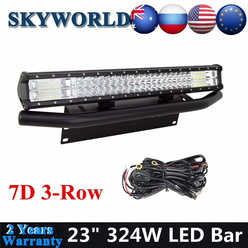 

23inch 7D Tri Row 324W LED Work Light Bar Combo Beam Offroad With Bull Bar Front Bumper License Plate Mount Bracket + Wiring Kit