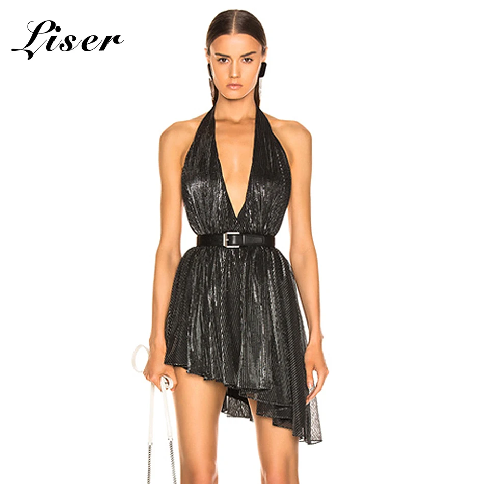 

Liser 2019 New Summer Women Dress Halter Neck Sashes Mini Dress Sexy Bodycon Elegant Club Celebrity Party Black Dresses Vestidos