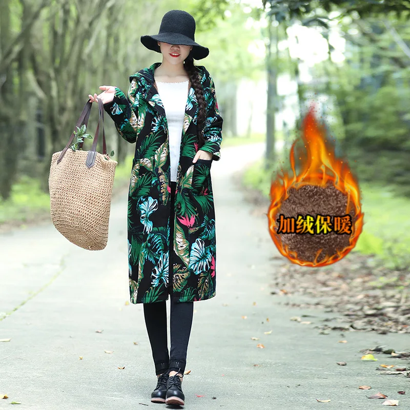 

2019 Winter New Style Versatile Large Size Dress Printed Ethnic-Style Hooded plus Velvet Jacket Cotton-padded Clothes Women's