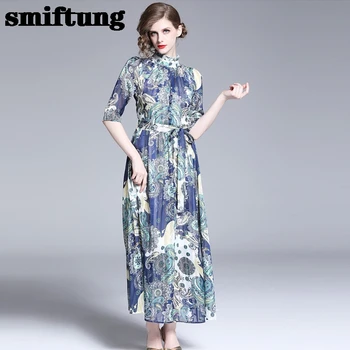 

2020 Summer Xia Kuan French Vintage Dress Mu Er Bian Stand Collar Qi Fen Xiu Printed Chiffon Big Dress