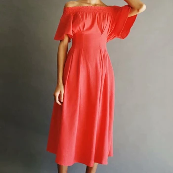 

Off Shoulder Women Summer Dress 2020 Casual O-neck Short Sleeve A-line Long Dresses For Women Vestidos