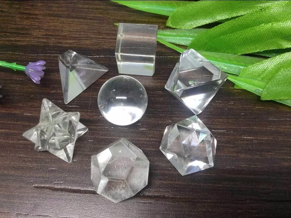 7pcs Crystal Quartz Platonic Solids Sacred Geometric Set Crystal Geometric Set