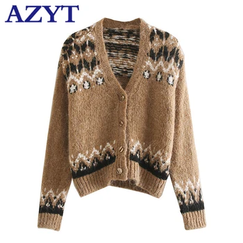 

AZYT Autumn Plush Knit Sweater Female Cardigan Jacket Fashion Print Long Sleeve Knitted Cardigan Women V Neck Casual Sweater Top