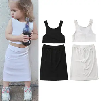 

2pcs Children Toddler Kids Clothing Set Baby Girls Outfit Sleeveless Tank Tops+Solid White Long Skirt Little Girls Clothes
