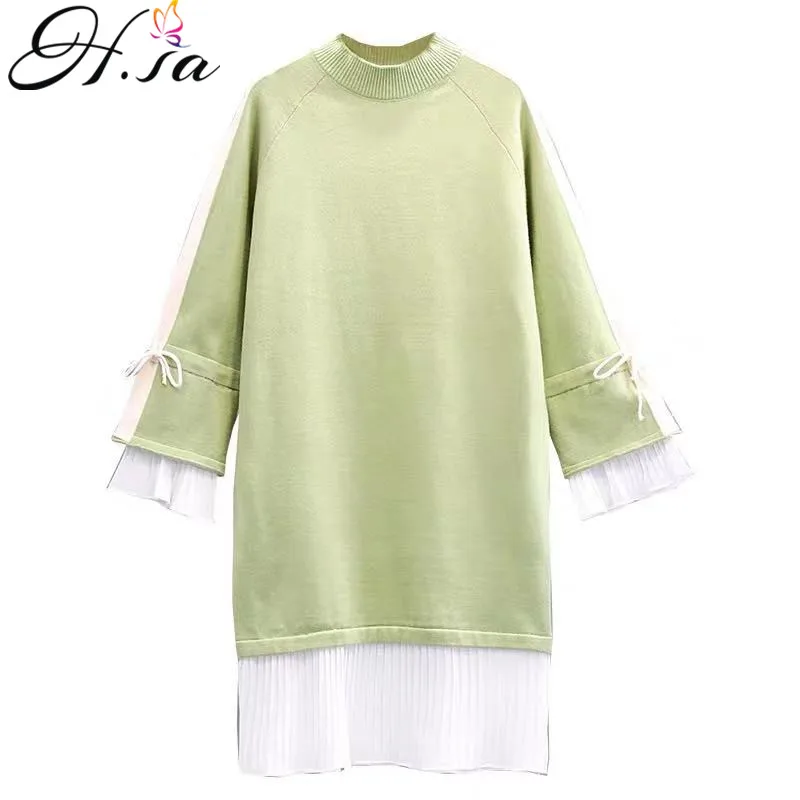 

H.SA 2019 Winter New Fashion Sweater Dress Flare Sleeve Bow Sweet Long Jumpers Patchwork Ruffles Pull Knitwear sueter feminino