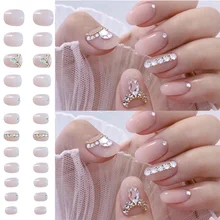

24Pcs/box Full Cover Short Round Press On Nails Pink Dripping Shape Heart Bride Nail Tips Wearable Fake Nail with Glue for Girls