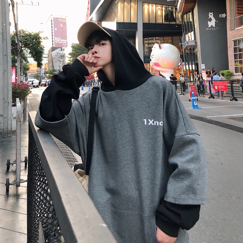 Весенние и летние модели корейской версии трендовой пары Harajuku сшитые с длинными рукавами Повседневные толстовки с капюшоном Лучшие - Цвет: Серый