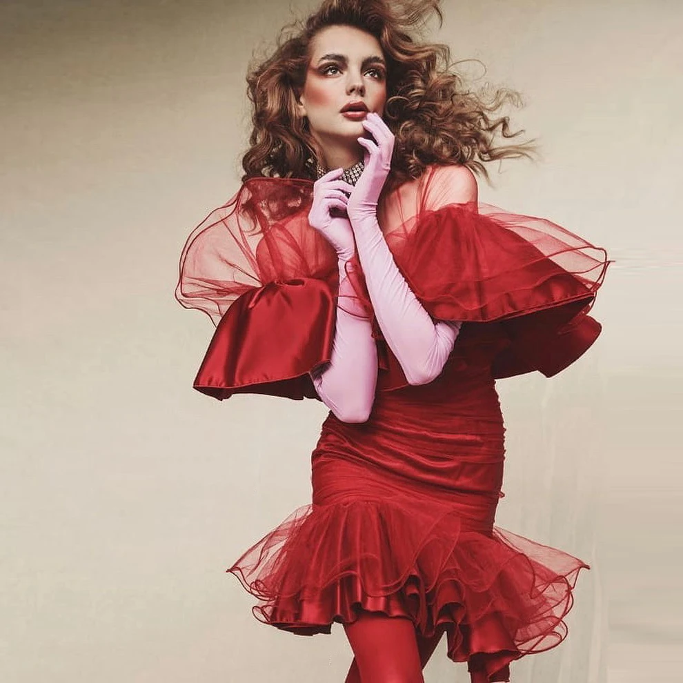 Vintage Red Mermaid Tulle Dresses Women Fashion Short Dress Tiered Ruffle Girls Party Cocktail Formal Gowns vestido de mujer