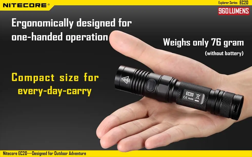 NITECORE EC20 ручной светильник для вспышки CREE XM-L2 T6 Макс 960 люмен луч бросок 222 м наружный фонарь для поиска reacue EDC светильник