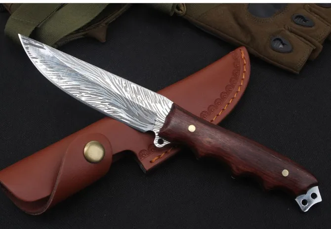 Sandalwood handle Jungle adventure tactical straight dao with sharp 8CR13MOV blade hunting knife + exquisite leather case