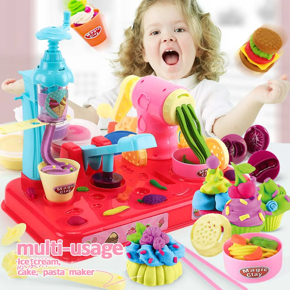 

2019 DIY Clay Dough Plasticine Ice Cream Machine Mould Play Kit DIY Toy Handmade Noodle Maker Kitchen Toy Kids Gift