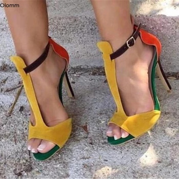 

Olomm New Women Gladiator Sandals T-strap Stiletto High Heels Sandals Open Toe Sexy Yellow Party Shoes Women US Plus Size 5-15