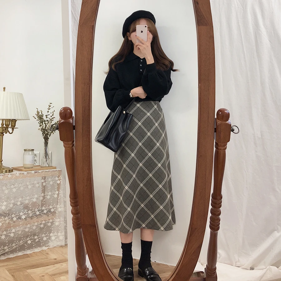 Plaid High Waist Skirt Long Plaid Pleated Long Skirts Plaid Long