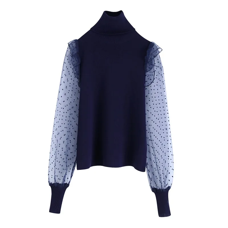 

Short Women Blouse Shirt Autumn 2019 New Fashion Transparent Sleeve Patchwork Stretch Knit Sexy Lady Turtleneck Pullover Tops