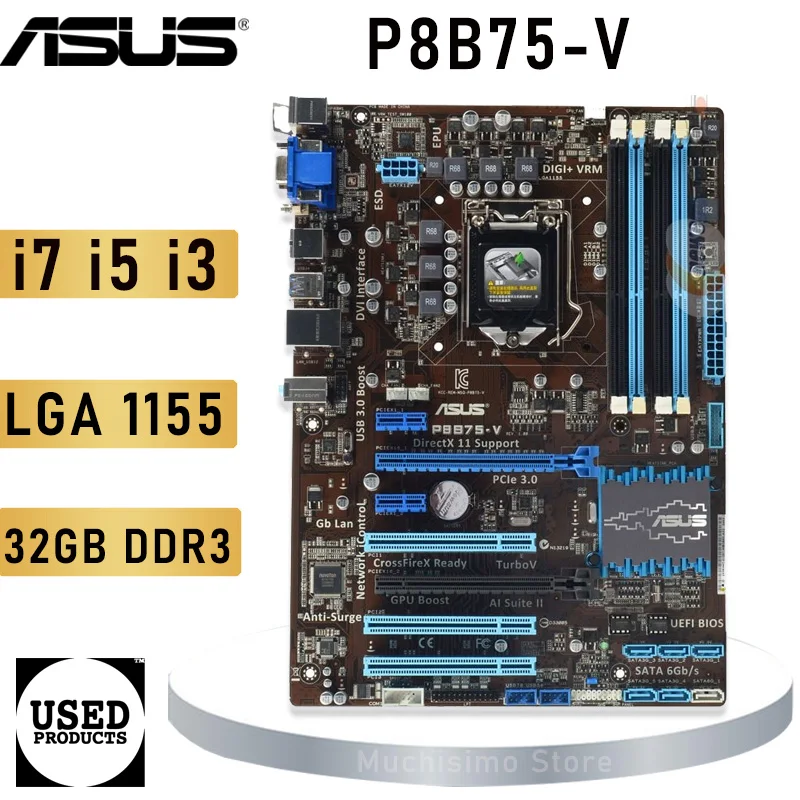 LGA 1155 Asus P8B75-V Motherboard Support i7 i5 i3 Intel CPU LGA 1155 32GB DDR3 PCI-E 3.0 Intel B75 Gaming Mainboard 1155 ATX cheap pc motherboard