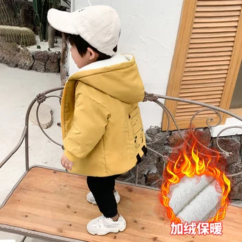

HOT SALE Baby Boys winter coat Children's padded cotton parka 1-5 years hood cotton trench Cartoon printing robot boys clothes