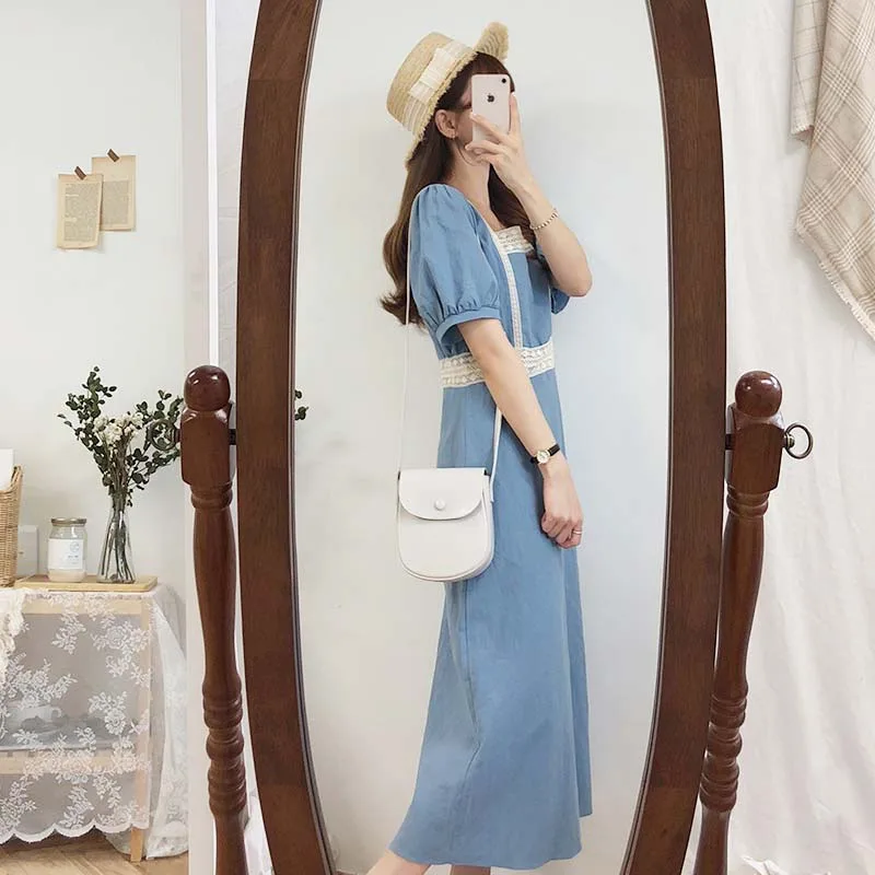 2020 Summer Dress Girls Boho Party Cotton Linen Female Plus Size Vintage Dress Blue Short Sleeve Women Dresses Femme Vestido
