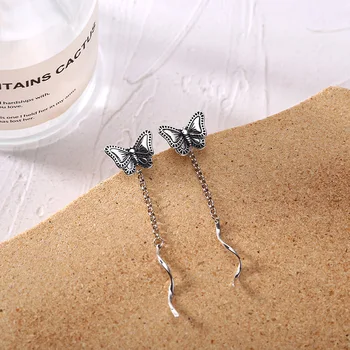 

S925 Fine Silver Butterfly Hanging Earrings Female Back-hanging a Two Wear Long Tassels Ear Stud Earrings Fashion E800