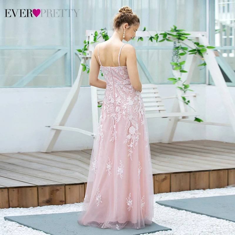 Pink Floral Lace Prom Dresses Ever Pretty A-Line Deep V-Neck Sleeveless Appliques Tulle Draped Long Party Gowns Vestido Festa