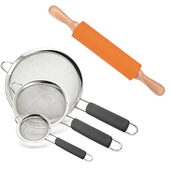 

1 Pcs Rolling Pin Solid Wood Handle Roller & 3 Pcs Fine Mesh Strainers Graduated Sizes Strainer Wire Sieve