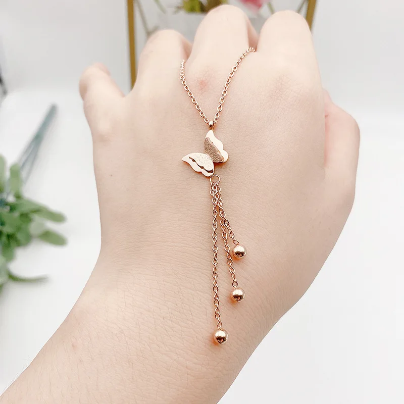 Extremely Cute Stainless Steel Rose Gold Color Butterfly Tassel Necklace Unique Women Ball Pendant Matte | Украшения и аксессуары