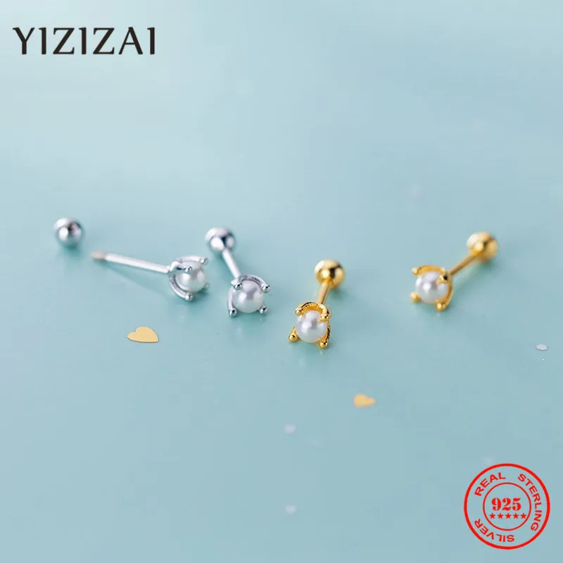 YIZIZAI-pendientes minimalistas de plata de ley 925, Mini corona pequeña, perla, perno prisionero, tornillo, hueso de oreja, pendientes de perlas para uñas, joyería para Piercing