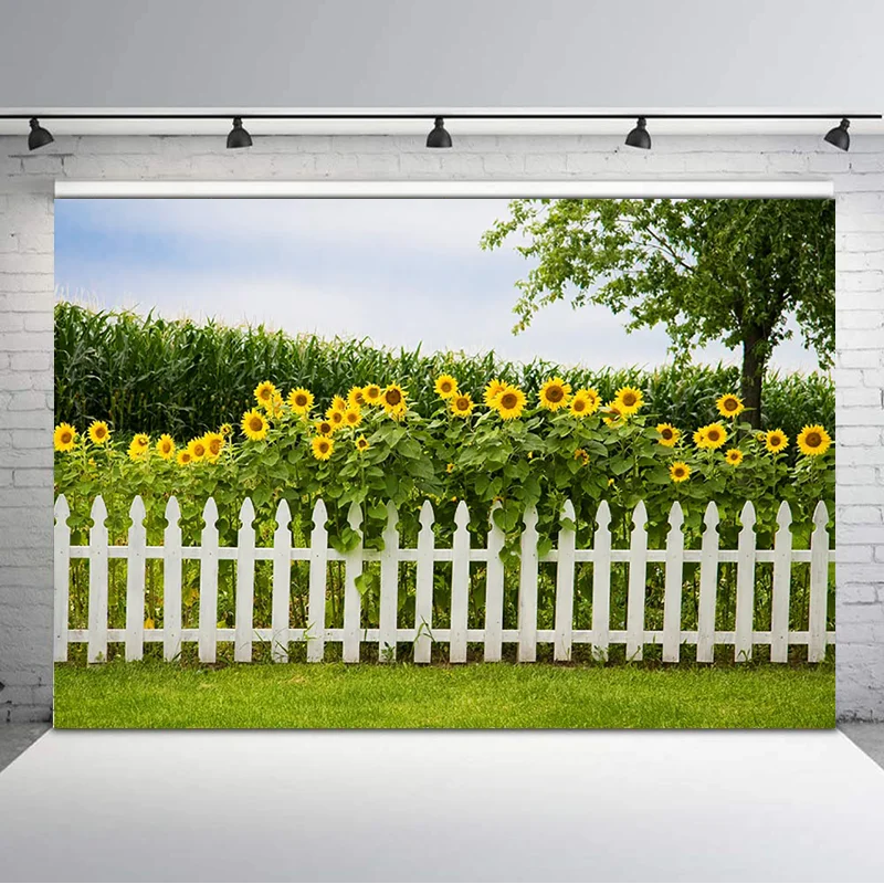 

Spring Rnatural Natural Scenery Photography Backgrounds Sunflowers Fence Wedding Photography Backdrops For Photo Studio