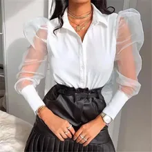 Женская сетчатая блуза с прозрачными рукавами, Топ с длинным рукавом, блузка, модная блуза с v-образным вырезом на пуговицах, белая черная рубашка, женские блузы