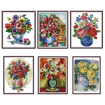 

Needlework, DIY cross stitch, embroidery tool set, flower vase rose peony flower print pattern cross stitch handmade painting