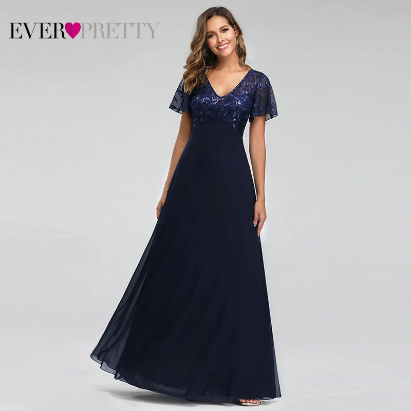 Navy Blue Вечерние платья с длинным рукавом EZ07706 элегантные темно-синие трапециевидные шифоновые кружевные вечерние платья с вышивкой для свадьбы - Цвет: Navy Blue