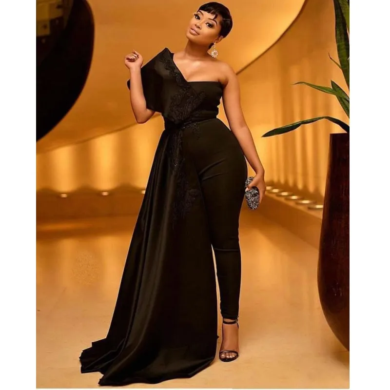 Black Jumpsuit Prom Wear With Appliques Sequins One Shoulder Overskirts African Evening Dresses Pant Suits Plus Size Party Gown