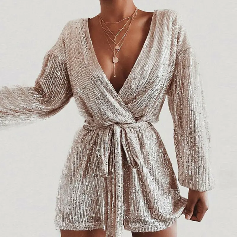 Sexy Women Playsuit Sequins Long Sleeve Bodycon Jumpsuit Female Romper Solid Color Lady Jumpsuits Womens Clothing Party Playsuit