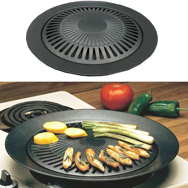 Round Iron Korean BBQ Grill Plate Barbecue Non-stick Pan Set with Holder Set