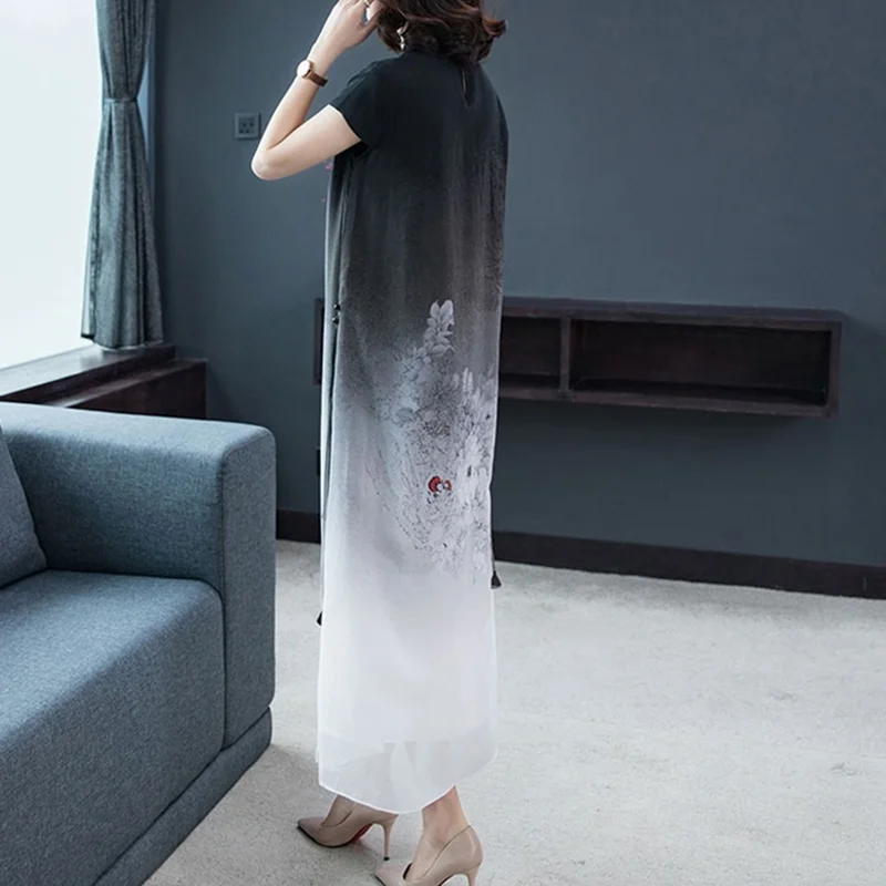Summer Casual Dresses For Women Chiffon Robe Vintage Femme Mandarin Collar Short Sleeve Long Dress Elegant Vestdio OS033