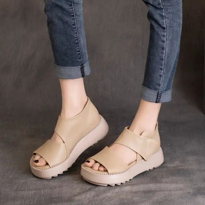 女性のレザーブーツサンダル5センチメートルハイヒール魚の口21夏の靴人間サンドバッグレトロクラシックブラック本革ブーツカジュアル ミドルヒール Aliexpress