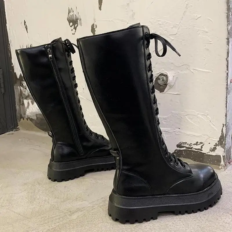 Chunky Platform Pu Leather Knee High Boots Women Punk Increasing Long Woman Lace Up Booties Mujer 2022 Zip Chelsea Women Shoes
