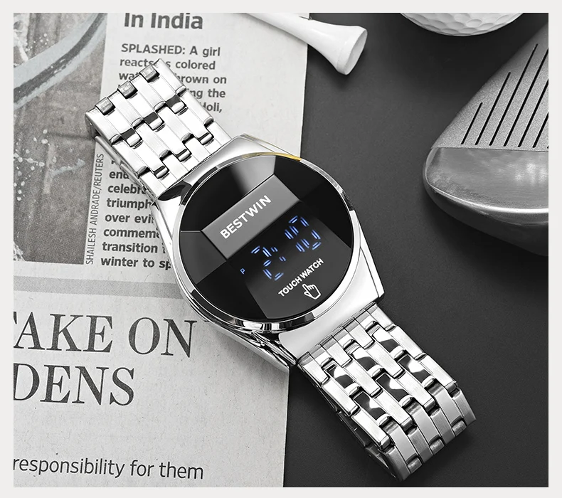 Bestwin-Montre-bracelet étanche à écran LED pour homme, acier