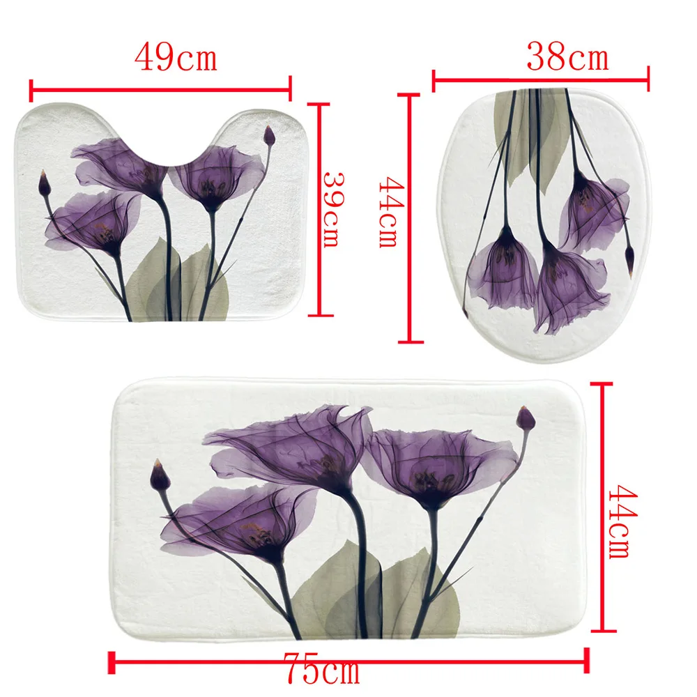 Сиденье для унитаза в форме цветка Водонепроницаемый красивый трехсекционный набор занавесок для унитаза из полиэстера с принтом U Противоскользящий ковер