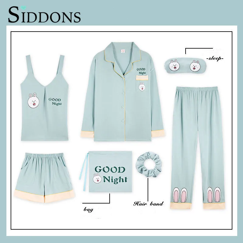 Lovely 7Pieces Set Pajamas Women Homewear Spring Cotton Long Sleeve Turn-down Collar Cardigan Sleepwear Cartoon Female Pyjamas