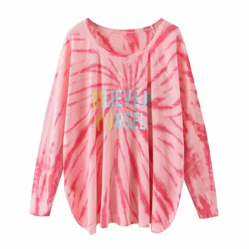 

Women Sweatshirts Knitted Pink Tie-dye Irregular Split Casual Loose Pullovers O-neck Full Sleeve Spring Autumn New Ladies Tops