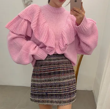 

HAMALIEL Korean Chic Pink Knitted Pullover Jumper Fashion Autumn Winter Ruffles Lantern Sleeve Oversize Loose Warm Sweater Tops