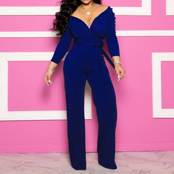 

Sexy Jumpsuit Women Office Elegant Long Jumpsuits Plus Size V Neck Lace Up Solid Blue Ladies Overalls Fashion Oversized Rompers