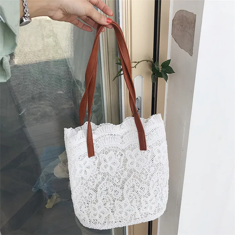 2021 New Summer Chic Girl Lace Shoulder Bag With Liner Package Women Handbag Female Tote Bags Big Capacity Foldable Beach Bag