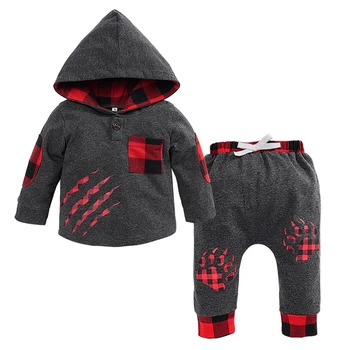 

Newborn Baby Girl Boy Hoodie Trousers Outfiit Autumn Winter Plaid Hooded Paw Print Pullover Pants Outfiits Fashion Warm Clothes